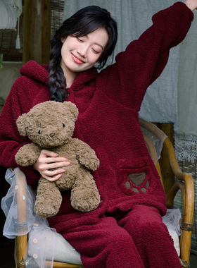 罗丝美14265羊羔绒睡衣女冬连帽子保暖御寒可爱红色家居服厚套装