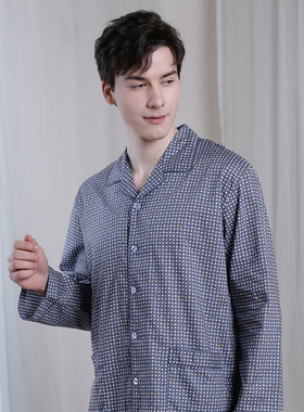 罗丝美63041春夏全棉直贡印花男睡衣开襟薄长袖衬衫领家居服套装