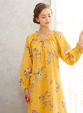 罗丝美11217双层纯棉纱睡裙长袖秋装圆领收缩木耳领植物印花外穿