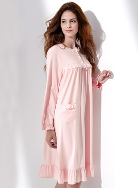 伊丝芬37911秋冬睡裙女纯色莫代尔棉质长袖睡衣蕾丝边家居服中裙