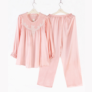 罗丝美高级感气质睡衣女春秋真丝绒桑蚕丝宫廷绣花家居服薄套装