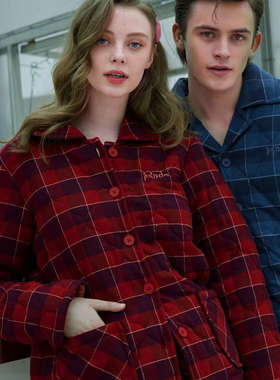 美标45571专柜女纯棉咖啡碳加厚夹棉保暖家居服红色格子睡衣套装