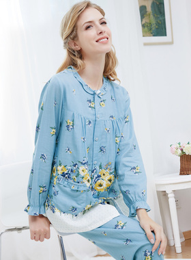 伊丝芬纯棉睡衣女士双层全棉田园印花长袖个性春秋家居服套39951