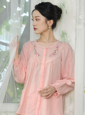 罗丝美14266纯棉双层纱睡衣女秋圆领长袖精美刺绣甜美家居服套装