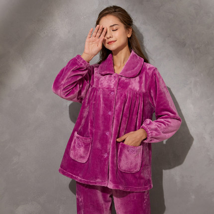 伊丝芬正品31269睡衣女冬季保暖新款法兰绒长袖裤纯色家居服外穿