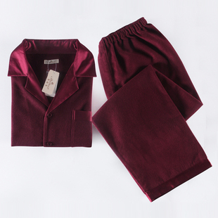 罗丝美专柜68207桑蚕丝秋冬男款纯色高级睡衣真丝绒枣红色家居服