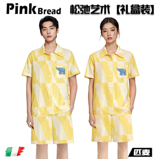 鹅黄艺术 春夏季 PinkBread 情侣款 纯棉纱布短袖 睡衣家居服套装