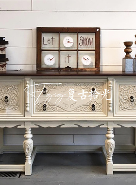 复古拾光法式复古实木雕花玄关柜白色做旧装饰柜客厅储物柜玄关桌
