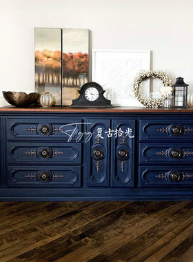 复古拾光美式古典实木雕花玄关柜客厅蓝色储物置物柜玄关柜装饰柜