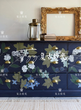 复古拾光 法式复古花卉彩绘玄关柜 蓝色实木多抽屉储物柜 装饰柜