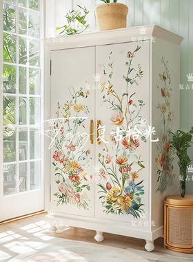 复古拾光 法式复古花卉彩绘双门衣柜 白色实木储物柜 卧室大衣橱
