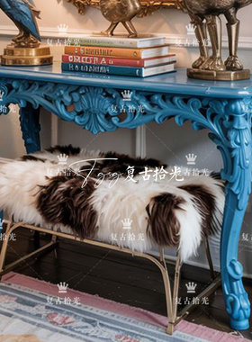 复古拾光法式复古实木雕花玄关柜小户型客厅装饰柜家用储物柜蓝色