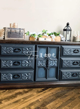 复古拾光美式复古蓝色实木玄关柜法式客厅做旧储物置物柜可定制