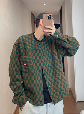 dannyandzee春季复古宽松绿色棋盘格撞色格子无领毛边夹克外套男