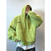 dannyandzee冬季 复古纯色软糯宽松纯色羊羔毛加厚保暖连帽卫衣男