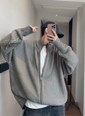 dannyandzee秋季复古百搭宽松竖条纹撞色立领拉链开衫毛衣外套男