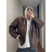 dannyandzee春季 宽松复古拼接落肩翻领保暖防风PU皮夹克厚外套男