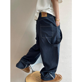 百搭藏青色麻料明线飘带卷边直筒裤 长裤 工装 dannyandzee夏季 裤 男
