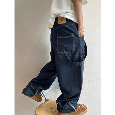 dannyandzee夏季百搭藏青色麻料明线飘带卷边直筒裤长裤工装裤男