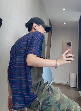 dannyandzee夏季复古薄款军绿色拼接镂空网眼条纹圆领短袖T恤男