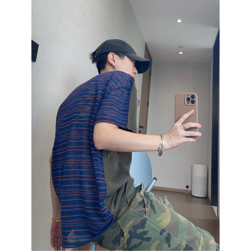 dannyandzee夏季复古薄款军绿色拼接镂空网眼条纹圆领短袖T恤男