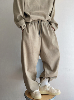 dannyandzee秋冬复古豆沙绿灯芯绒加绒加厚保暖束脚卫裤男长裤INS