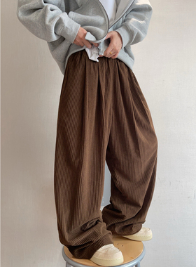 dannyandzee冬季复古宽松粗条灯芯绒双层加绒加厚保暖裤子男长裤