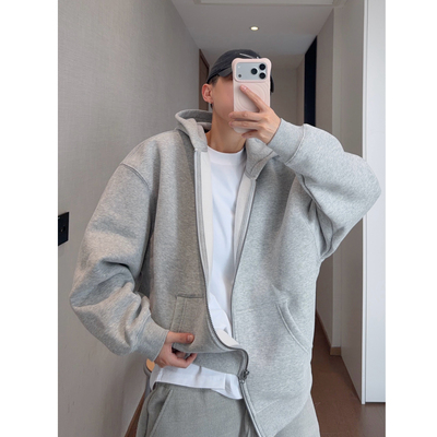 dannyandzee冬季复古百搭350克重加绒加厚保暖连帽拉链卫衣男情侣