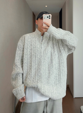 dannyandzee秋冬复古百搭保暖灰白色绞花拉链长毛款毛衣外套男INS