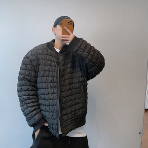 dannyandzee冬季复古百搭黑色宽松抽皱格子棒球领棉衣厚外套男INS