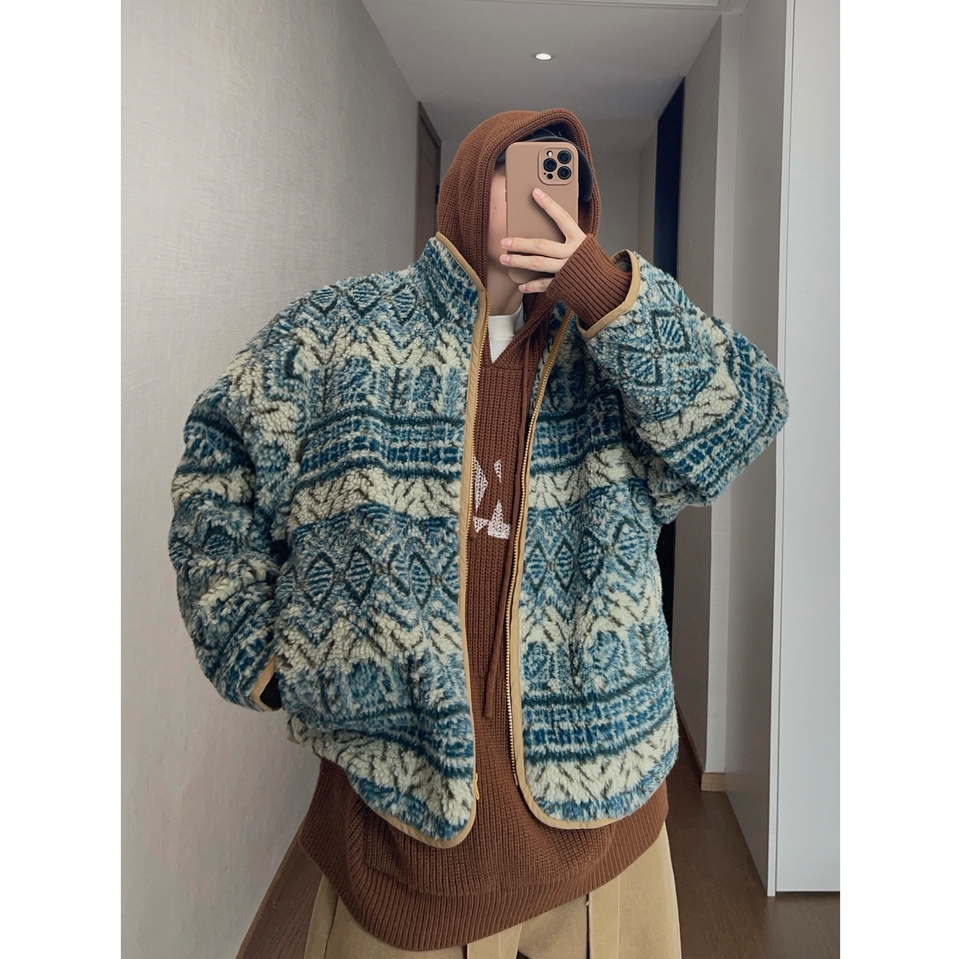 dannyandzee秋冬复古绿松石色提花立领颗粒绒加厚保暖外套夹克男