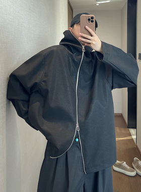 dannyandzee秋季复古痞帅黑色连帽PU皮银色拉链防风夹克外套男INS