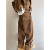 dannyandzee冬季 复古保暖加绒加厚咖色系皮毛一体直筒休闲裤 男INS