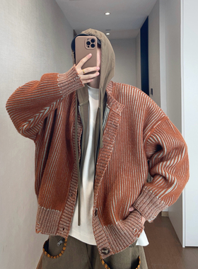 dannyandzee秋冬复古重磅加厚橘色竖条纹坑条单排扣保暖毛衣外套