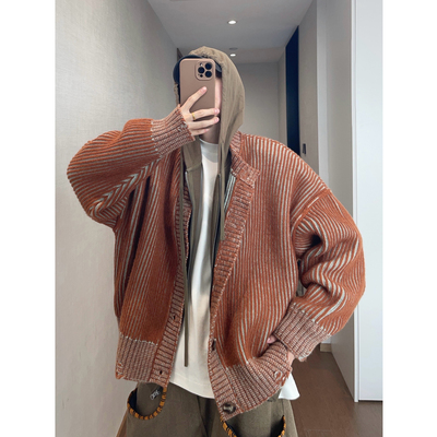 dannyandzee春季复古重磅加厚橘色竖条纹坑条单排扣保暖毛衣外套