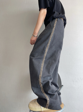 dannyandzee春夏炭灰色珠帆布毛边织带拼接直筒裤男工装裤长裤INS
