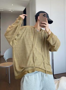 dannyandzee春夏慵懒风宽松V领姜黄色透视薄款镂空罩衫长袖T恤男