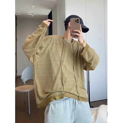 dannyandzee春夏慵懒风宽松V领姜黄色透视薄款镂空罩衫长袖T恤男