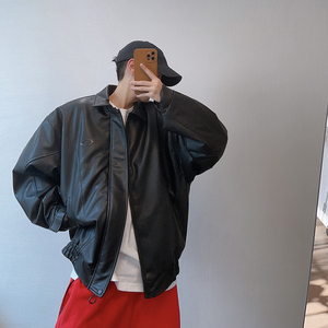 dannyandzee冬季潮牌复古防风保暖宽松落肩翻领PU皮棉衣外套男INS
