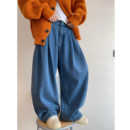 INS 男长裤 dannyandzee冬季 复古重水洗蓝色加绒加厚保暖阔腿牛仔裤