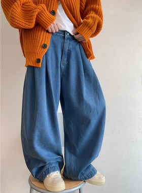 dannyandzee冬季复古重水洗蓝色加绒加厚保暖阔腿牛仔裤男长裤INS