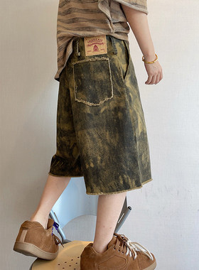 dannyandzee夏季复古渐变扎染毛边军绿色做旧工装短裤五分裤男INS