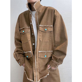dannyandzee春季 复古重磅卡其色多口袋毛边工装 牛仔夹克外套男INS
