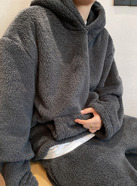 dannyandzee秋冬复古保暖慵懒风炭灰色加绒加厚保暖连帽卫衣男INS