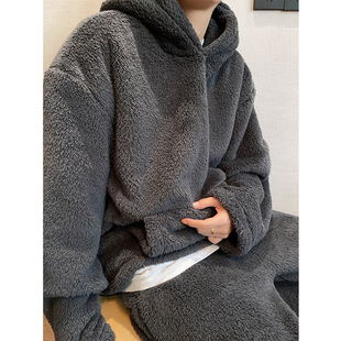 dannyandzee秋冬复古保暖慵懒风炭灰色加绒加厚保暖连帽卫衣男INS