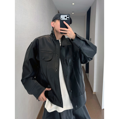 dannyandzee春季复古痞帅明线毛边防风保暖工装PU皮夹克外套男INS