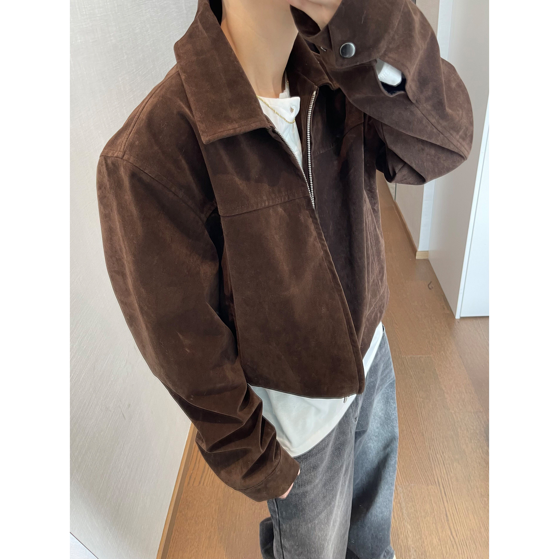 dannyandzee秋冬复古百搭深棕色翻领合身款绒面PU皮夹克外套男INS