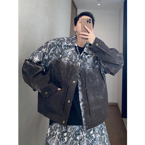 dannyandzee春季复古痞帅重磅蛇纹帆布泥染刷漆翻领夹克外套男INS