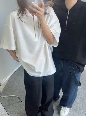 dannyandzee夏季复古百搭华夫格黑白色半拉链棒球领短袖POLO衫男