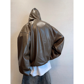 dannyandzee春季 复古百搭软糯廓形宽松巧克力色PU皮连帽卫衣男INS